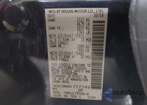 2015 Nissan Rogue Sv from USA, damaged, VIN 5N1AT2MV6FC777749